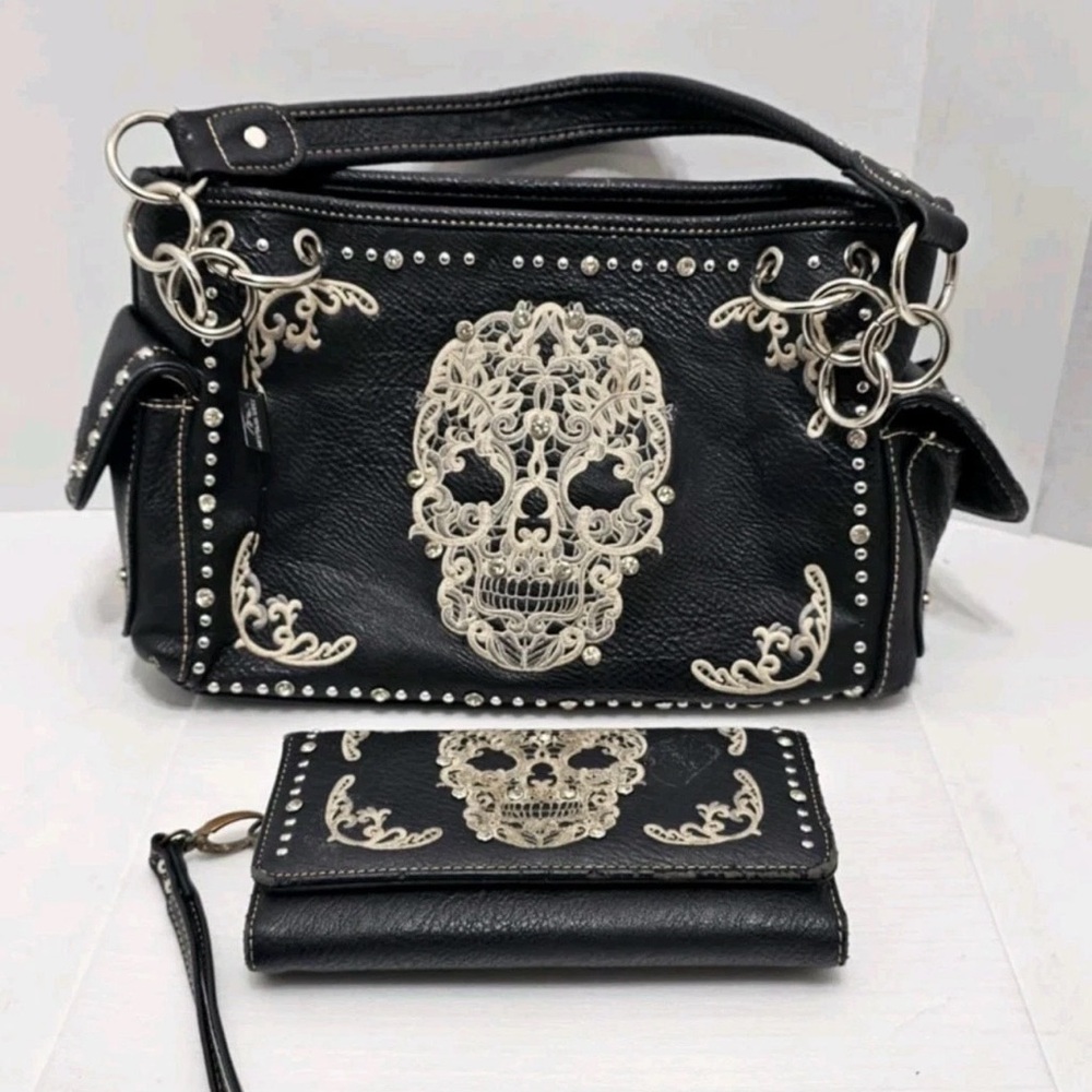 Black Skull Embellished Handbag and Wallet Set